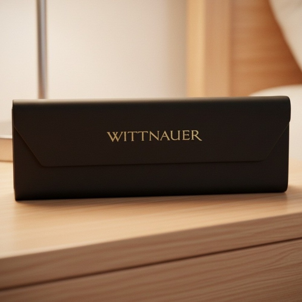 Wittnauer Black Collapsible Triangular Eyeglass Case Gold Logo Magnetic Closure